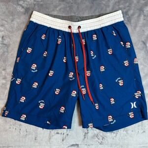Hurley Mens Swim Trunks Shorts Blue Patriotic Hand Print Elastic Waist M